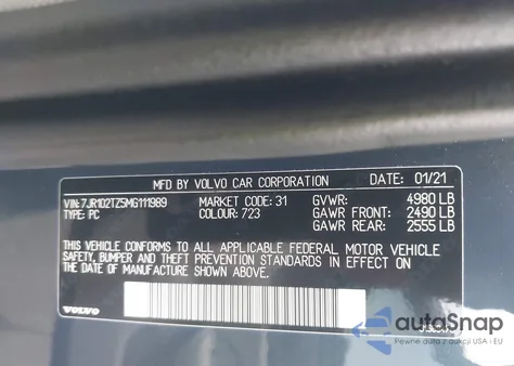 2021 Volvo S60 T5 Momentum из США, поврежденный, VIN 7JR102TZ5MG111989